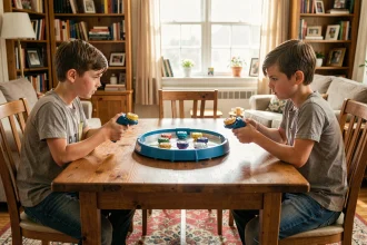 Deux garçons s'affrontent lors d'un tournoi de Beyblade Burst fait maison autour d'une table en bois avec un stadium en plastique