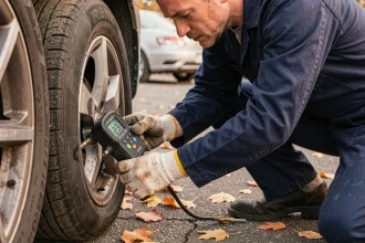 Mécanicien vérifiant la pression d'un pneu en automne avec un manomètre numérique dans un parking extérieur
