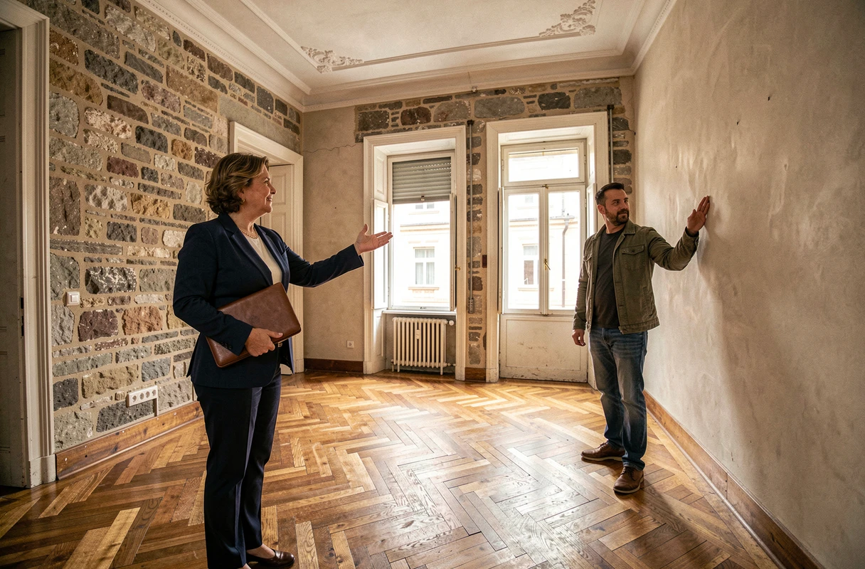 Agent immobilier présentant un appartement ancien rénové avec parquet en chevron et murs en pierre à un acheteur potentiel