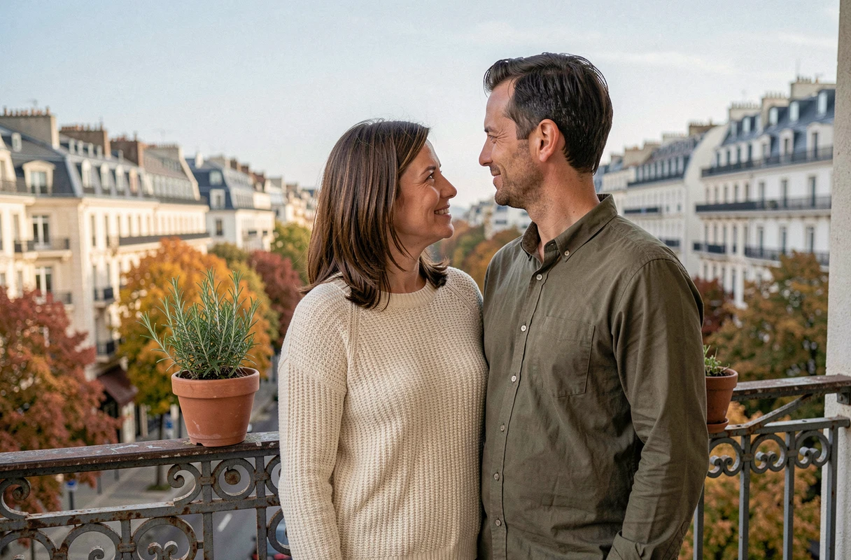 Couple visitant le balcon d'un appartement en copropriété avec vue sur un quartier urbain en automne