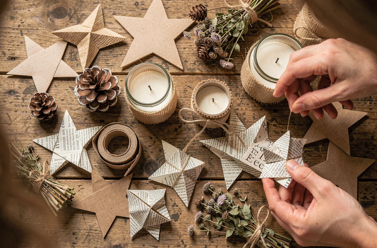 Vue de dessus des décorations saisonnières faites maison avec des matériaux recyclés sur une table en bois
