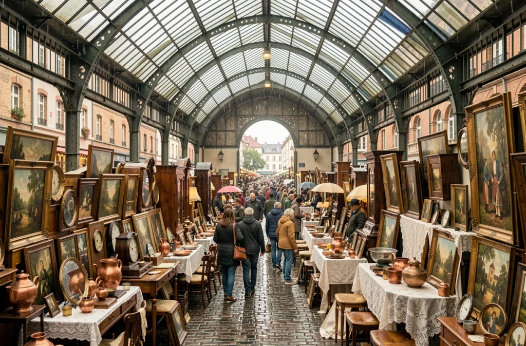 Vue d'ensemble d'un grand marché brocante couvert à Nancy avec exposants et visiteurs sous une charpente en verre et acier
